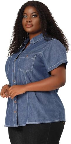 Agnes Orinda Plus Size Denim Shirt for Women Short Sleeve Chest Pocket Button Down Chambray Shirts in Saudi Arabia