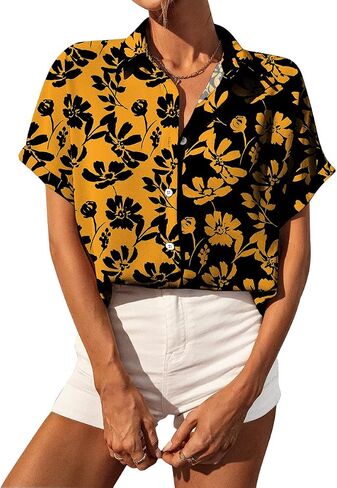 Selene Women's Summer Casual Short Sleeve V Neck Collared Button Down Shirt Cute Vintage Print Blouse Tops in Saudi Arabia