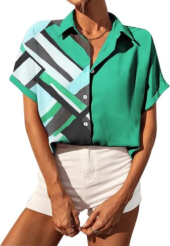 Selene Women's Summer Casual Short Sleeve V Neck Collared Button Down Shirt Cute Vintage Print Blouse Tops in Saudi Arabia