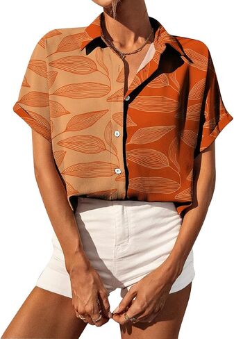 Selene Women's Summer Casual Short Sleeve V Neck Collared Button Down Shirt Cute Vintage Print Blouse Tops in Saudi Arabia