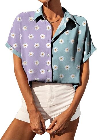 Selene Women's Summer Casual Short Sleeve V Neck Collared Button Down Shirt Cute Vintage Print Blouse Tops in Saudi Arabia
