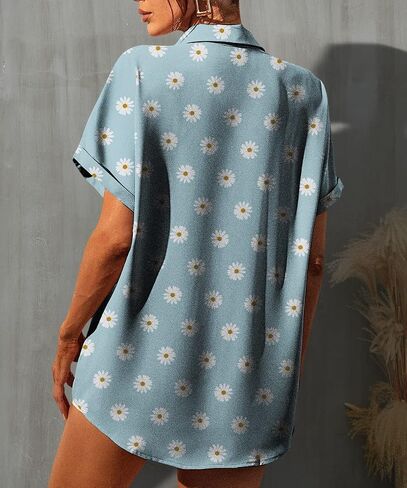 Selene Women's Summer Casual Short Sleeve V Neck Collared Button Down Shirt Cute Vintage Print Blouse Tops in Saudi Arabia