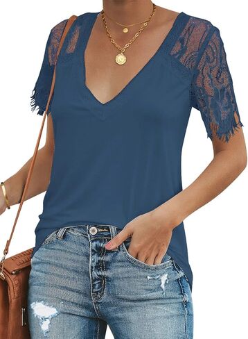 تي شيرت نسائي صيفي من الدانتيل بأكمام قصيرة ورقبة على شكل V من Utyful، بلوزة كاجوال in Kuwait