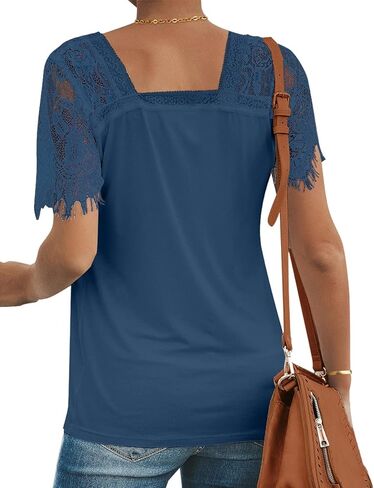 تي شيرت نسائي صيفي من الدانتيل بأكمام قصيرة ورقبة على شكل V من Utyful، بلوزة كاجوال in Kuwait