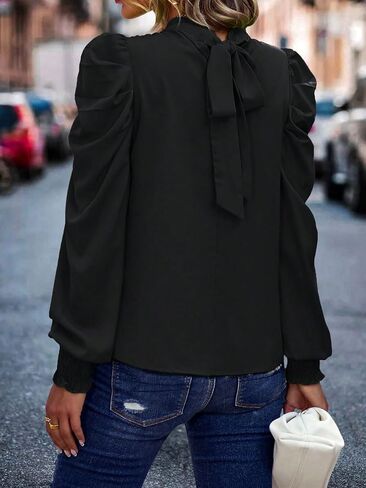 قميص نسائي طويل الأكمام من MakeMeChic، قميص عمل برقبة وهمية، بلوزة مكتب، قمصان كاجوال in Saudi Arabia