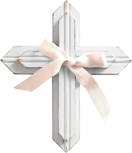 Stephan Baby Face to Face Designs 2-Tiered Hanging Wood Cross, 7.25" x 8.5", Distressed White & Pink in Saudi Arabia
