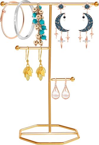 حامل مجوهرات مكون من 3 طبقات لعرض القلائد، حامل معدني مطلي على شكل حرف T لتنظيم المجوهرات لعرض المجوهرات والقلادة والاقراط والاساور والخواتم والاكسسوارات (ذهبي) in Kuwait