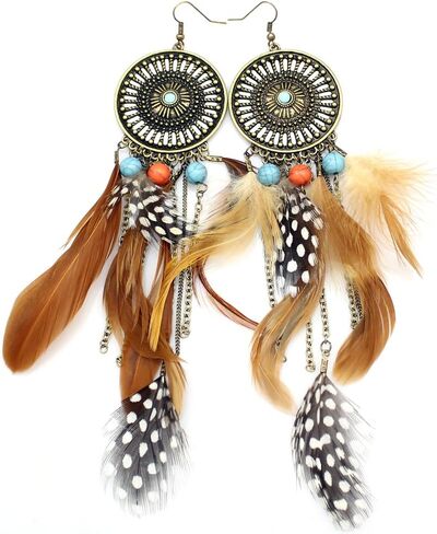 RechicGu Western Cowgirl Vintage Big Dream Catcher Feather Coral Turquoise Bead Style Moon Hoop Drop Earrings in Saudi Arabia