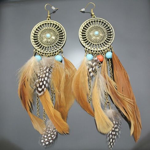 RechicGu Western Cowgirl Vintage Big Dream Catcher Feather Coral Turquoise Bead Style Moon Hoop Drop Earrings in Saudi Arabia