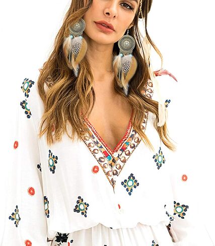 RechicGu Western Cowgirl Vintage Big Dream Catcher Feather Coral Turquoise Bead Style Moon Hoop Drop Earrings in Saudi Arabia
