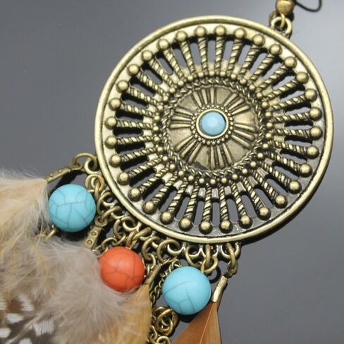 RechicGu Western Cowgirl Vintage Big Dream Catcher Feather Coral Turquoise Bead Style Moon Hoop Drop Earrings in Saudi Arabia