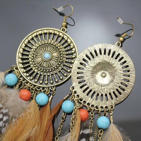 RechicGu Western Cowgirl Vintage Big Dream Catcher Feather Coral Turquoise Bead Style Moon Hoop Drop Earrings in Saudi Arabia
