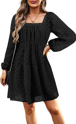 VintageClothing المرأة عادية ساحة الرقبة طويلة الأكمام الخريف فساتين فستان بيبي دول صغير عالية الخصر ألف خط فستان قصير فلوي in Saudi Arabia