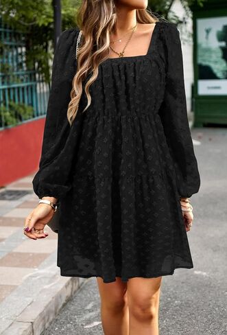 VintageClothing المرأة عادية ساحة الرقبة طويلة الأكمام الخريف فساتين فستان بيبي دول صغير عالية الخصر ألف خط فستان قصير فلوي in Saudi Arabia