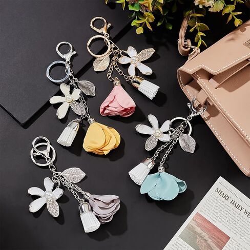 FREEBLOSS 4Pcs Flower Rhinestone Keychains 4 Colors Purse Charms for Handbags Tassel Style Flower Car Key Charm for Women Car Key Daily 16CM, Blue, M in Saudi Arabia