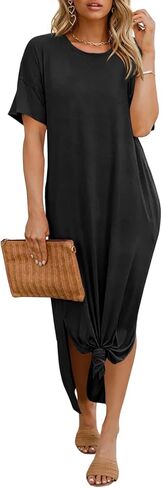 Dyexces Womens Summer T Shirt Dress Casual Drop Shoulder Round Neck Maxi Dresses Loose Side Slit Midi Dress with Pockets in Saudi Arabia