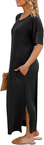 Dyexces Womens Summer T Shirt Dress Casual Drop Shoulder Round Neck Maxi Dresses Loose Side Slit Midi Dress with Pockets in Saudi Arabia