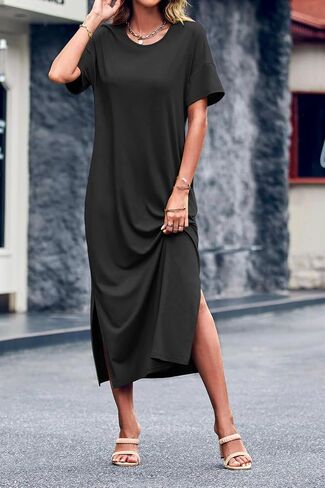 Dyexces Womens Summer T Shirt Dress Casual Drop Shoulder Round Neck Maxi Dresses Loose Side Slit Midi Dress with Pockets in Saudi Arabia