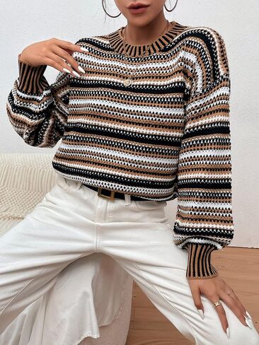 COZYEASE Women's Striped Colorblock Sweater Crewneck Long Sleeve Drop Shoulder Pullover Sweater in Saudi Arabia