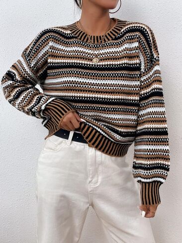 COZYEASE Women's Striped Colorblock Sweater Crewneck Long Sleeve Drop Shoulder Pullover Sweater in Saudi Arabia