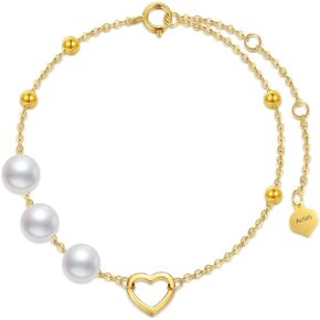 Solid 14kt Gold Heart Bracekets, Simple Gold Handpicked Culturead Pearl Heart Bracelet Jewelry for Women, Mom Wife Girlfriend, 6"-8"