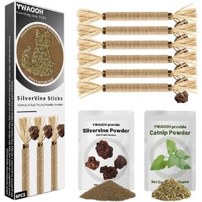 Cat Toys, 6 Silvervine Chew Sticks & 1PCS Organic Catnip & 1PCS Silvervine Powder, Cat Dental Toys for Kitten Teeth Cleaning, Matatabi Cat Toy