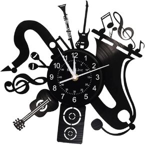 Guitar Vinyl Wall Clock Gifts for Holiday,12"Black Music Wall Clock Instrument Art Unique Gifts for Men Women Guitar Player for Birthday Wall Decor
