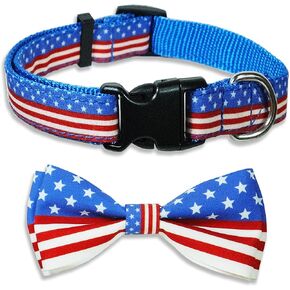 4th of July Dog Bow Tie Collar, USA Independence Day American Patriotic Collar with Safety Buckle for Small Medium Large Pets Puppies (Small-(11"-17") Neck * 5/8" Wide)