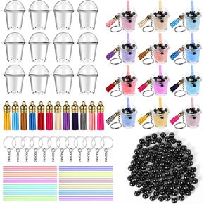 348 Pcs Mini Milky Tea Keychain Accessories Bubble Tea Cream Glue Casting Includes 12 Keychain rings, 12 Mini Cup Pendant Charm with 12 Straws, 12 Tassels, 300 Boba Beads for DIY Crafts