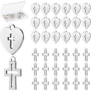 BENBO 100Pcs Silver Religious Charms Mini Cross Charms Heart Shaped Religious Charms Mini Metal Christian Charms with Box for DIY Bracelet Necklace Earrings Jewelry Making, 2 Styles