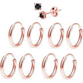 Sterling Silver 10mm Small Endless Hoops & 3mm Round Black CZ Stud Unisex Cartilage Earrings 5 Pairs Set Gold, Rose & Black Rhodium in Kuwait
