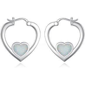 Blue/White Opal Hoop Earrings 925 Sterling Silver Heart Huggie Earrings Jewelry Gifts for Women Girl 0.78 inch