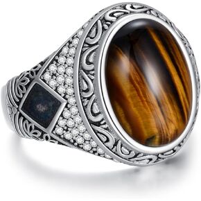 Tiger Eye Gemstone Ring for Men Sterling Silver Vintage Retro Ring for Men