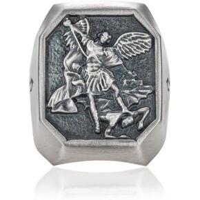 AnuClub St. Michael Ring S999 Sterling Silver San Miguel The Great Protector Archangel Defeating Satan Figurine Amulet Ring for Men