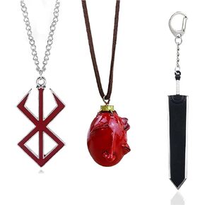 3PCS Berserk Necklace Keychain Anime Behelit Necklace Guts Sword Pendant Sacrifice Rune Chains Cosplay Accessories for Men Women Gifts