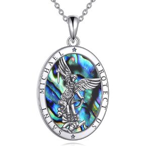Saint Michael Necklace Sterling Silver Aballone Shell Protection Necklace St Michael Archangel Pendant Jewelry Gift for Men Boy