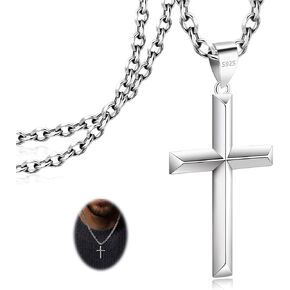 925 Sterling Silver Cross Necklace for Men Women with Stainless Steel Strong Durable Rolo Chain Crucifix Pendant Silver Cross Cable Link Necklace Jewelry 16-28 Inches