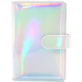 A6 White Holographic PU Leather Binder Cover Rainbow Notebook Shell 6 Rings Loose Leaf Binders with Magnetic Closure, Cards Pocket N Pen Holder (White Holographic, A6 (130mm x 187mm))