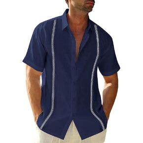 Mens Linen Cuban Guayabera Button Down Shirts Short Sleeve Casual Summer Beach Tops
