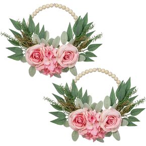 Floral Wreaths Artificial 10" with Wood Bead Eucalyptus Leaves Rose Hydrangea Wreaths Farmhouse Wreaths for Front Door Boho Wall Decor 2 Pack - White in Kuwait