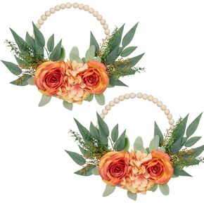Floral Wreaths Artificial 10" with Wood Bead Eucalyptus Leaves Rose Hydrangea Wreaths Farmhouse Wreaths for Front Door Boho Wall Decor 2 Pack - White