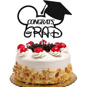 Congrats Grad Cake Topper, Cartoon Mouse Inspired Theme Graduation Party Decorations for Boys Men, Class of 2024 Cake Decors Black Glitter