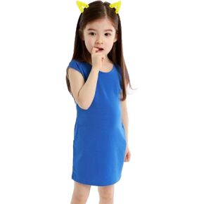 Toddler Girls Summer Cotton T Shirt Dress for Girls Blue Hot Pink Casual Tshirt Dress Clothes with Pocket