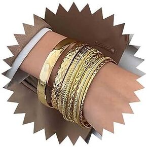 Punk Layered Bangle Bracelet Set Gold Chunky Bangle Cuff Bracelet Metal Cuff Bangle Bracelets Multi Layer Textured Cuff Bracelet Chunky Hammered Cuff Bracelet Wide Cuff Hand Bracelet Jewelry for Women and Girls 10Pcs