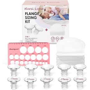 Flange Sizing Kit with 10PCS Flange Inserts 13/15/17/19/21mm & 50 Disposable Nursing Pads & Nipple Ruler, Silicone Flange Insert for 24mm Flange/Shield of Most Pumps, Essential Kit for New Moms