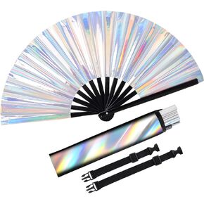 Large Folding Hand Rave Fan Laser Silver Hand Fan Holographic Big Hand Fan with Rave Fan Holster Bamboo Festival Fan Clack Hand Fan Rave Accessories for Women Men EDM Club Party Dance