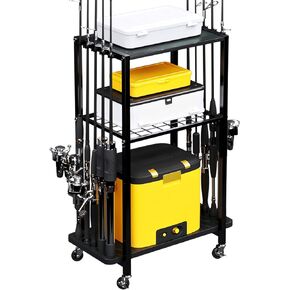 TC-HOMENY Fishing Rod Holder for Garage, Fishing Pole Rack Cart 10 Rod Fit All Fishing Rods, 3 Tier Fishing Tackle Storage Organizer Rack with Storage Bag, Fit For Living Room