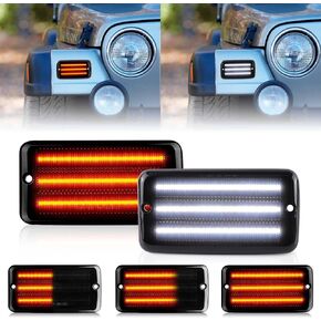 LED Sequential Front Turn Signal Lights White DRL for 1997-2006 Jeep Wrangler TJ, Smoked Lens Bumper Dynamic Amber Blinker Corner Lamps