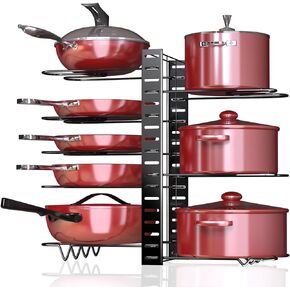 Pots and Pans Organizer for Under Cabinet, 8 Tier Adjustable Pots And Pan Organizer, With Drain Tray Placeable Cookware Baking Cookie Cutting Board, 3 DIY Methods Pot Lid Organizer