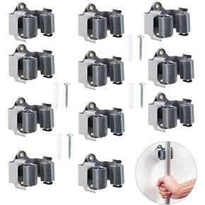 10Pcs Broom Mop Wall Mount Holder Gray Wall Rack Organizer Bathroom Storage Hanger with Screws for Home, Kitchen, Garden